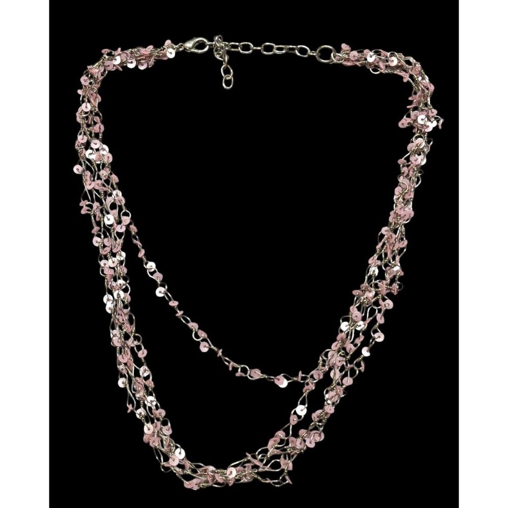 Fairycore Pink Sequin Layered Necklace On Silver Tone Chain